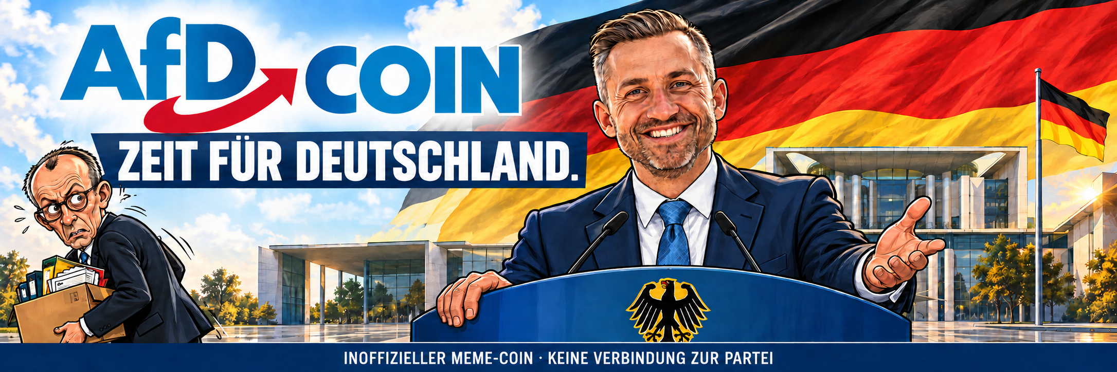 Erfundene politische Karikatur: Ulrich Siegmund am Rednerpult vor dem Kanzleramt, Friedrich Merz mit Umzugskarton, Deutschlandfahne und AfD-Coin-Schriftzug